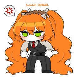 Rule 34 | 1girl, anger vein, blush, bow, chibi, freckles, full body, green eyes, hair bow, ishmael (project moon), limbus company, long hair, long sleeves, matiyan923, necktie, orange hair, project moon, red necktie, shirt, simple background, solo, spoken anger vein, standing, twintails, very long hair, white background, white bow, white shirt