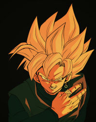 Rule 34 | 1boy, arm at side, backlighting, black background, black shirt, black theme, clenched teeth, close-up, commentary request, dougi, dragon ball, dragon ball super, earrings, evil smile, fenyon, fingernails, from above, goku black, hand on own chest, jewelry, long sleeves, looking at viewer, looking up, male focus, monochrome, orange theme, potara earrings, ring, shaded face, shirt, simple background, single earring, smile, solo, spiked hair, super saiyan, super saiyan rose, teeth, upper body, v-shaped eyebrows