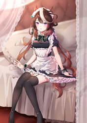 Rule 34 | 1girl, :d, alternate costume, animal ears, apron, bed, black dress, black footwear, black thighhighs, blush, bow, breasts, brown hair, commentary request, curtains, dress, enmaided, frilled apron, frilled dress, frilled pillow, frilled sleeves, frills, garter straps, green bow, hair between eyes, highres, horse ears, horse girl, horse tail, indoors, long hair, looking at viewer, low twintails, maid, maid apron, maid headdress, medium breasts, multicolored hair, on bed, open mouth, pillow, plaid, plaid bow, puffy short sleeves, puffy sleeves, purin jiisan, purple eyes, shoes, short sleeves, sitting, smile, solo, streaked hair, symboli rudolf (umamusume), tail, thighhighs, transparent, twintails, two-tone hair, umamusume, very long hair, white apron, white hair, wrist cuffs