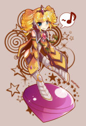 Rule 34 | 1girl, armor, blonde hair, blue eyes, boots, brooch, cape, corundum, curly hair, ehlly, female focus, greaves, grin, jewelry, musical note, short hair, short twintails, sidelocks, smile, solo, star (symbol), sudachips, tales of (series), tales of hearts, tiara, twintails