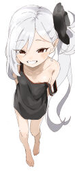 Rule 34 | 1girl, absurdres, alternate costume, arms behind back, barefoot, black dress, black flower, blue archive, blush, breasts, brown eyes, dress, flower, full body, grey hair, grin, hair flower, hair ornament, highres, long hair, looking at viewer, mutsuki (blue archive), nejiresyake, off shoulder, pointy ears, ponytail, short dress, side ponytail, simple background, small breasts, smile, solo, standing, very long hair, white background, white hair