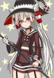 Rule 34 | 1girl, amatsukaze (kancolle), black hat, black panties, brown dress, brown eyes, commentary request, cowboy shot, daichi (daiti1318), dress, garter straps, gloves, grey background, hair tubes, hat, highres, kantai collection, lifebuoy ornament, long hair, panties, sailor dress, see-through, short dress, silver hair, single glove, solo, staff, star (symbol), starry background, two side up, underwear, white gloves, witch hat