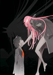 Rule 34 | 10s, 1boy, 1girl, barefoot, black hair, darling in the franxx, different shadow, floating, hands on another&#039;s face, highres, hiro (darling in the franxx), horns, jacket, jacket on shoulders, key visual, light smile, long hair, looking at another, military, military uniform, official art, pink hair, promotional art, short hair, spot color, tanaka masayoshi, uniform, zero two (darling in the franxx)