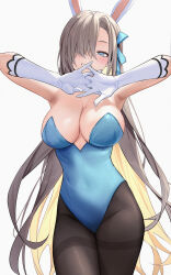 Rule 34 | 1girl, :d, animal ears, armpits, asuna (blue archive), asuna (bunny) (blue archive), bare shoulders, black pantyhose, blue archive, blue eyes, blue leotard, bow, breasts, cleavage, collarbone, commentary request, elbow gloves, fake animal ears, gloves, grey hair, hair bow, hair over one eye, halo, highleg, highleg leotard, highres, interlocked fingers, large breasts, leotard, long bangs, long hair, looking at viewer, mole, mole on breast, noho (yp6166), official alternate costume, open mouth, own hands together, pantyhose, playboy bunny, rabbit ears, red ribbon, ribbon, sidelocks, simple background, sleeveless, smile, solo, strapless, strapless leotard, white background, white gloves