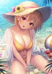 Rule 34 | 1girl, :d, ball, barefoot, beachball, between legs, bikini, blush, breasts, brown hair, brown hat, cleavage, collarbone, comiket 102, commentary request, day, fang, flower, flower on liquid, food, front-tie bikini top, front-tie top, fruit, hair between eyes, hand between legs, hat, hat flower, head tilt, highres, large breasts, long sleeves, looking at viewer, open mouth, original, outdoors, red eyes, red flower, see-through, shallow water, shirt, shirt on shoulders, sitting, smile, solo, starfish, strawberry, sunflower, swimsuit, u rin, wariza, water, wet, wet clothes, wet shirt, white shirt, yellow bikini, yellow flower