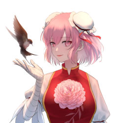 Rule 34 | 1girl, absurdres, animal, bandaged arm, bandages, bird, bun cover, chinese clothes, collar, double bun, flower, hair bun, highres, ibaraki kasen, layered clothes, lips, looking at viewer, oni, open hand, pink eyes, pink flower, pink hair, puffy sleeves, red ribbon, ribbon, rose, short hair, short sleeves, sideways glance, solo, tied sleeves, touhou, xianjian lingluan
