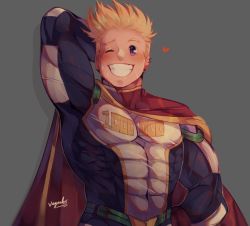 Rule 34 | 1boy, addy (@vegeebs), alternate costume, blonde hair, blue bodysuit, blue eyes, bodysuit, boku no hero academia, cape, covered abs, covered navel, grin, looking at viewer, male focus, muscular, muscular male, one eye closed, pectorals, red cape, short hair, smile, solo, spiked hair, sweatdrop, togata mirio, upper body