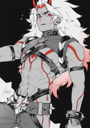 Rule 34 | 1boy, abs, arataki itto, belt, bracelet, chest harness, chest tattoo, cowboy shot, earrings, genshin impact, harness, heart, highres, horns, jewelry, long hair, looking at viewer, male focus, nipples, oni, oni horns, open mouth, pants, partially colored, pectorals, red eyes, simple background, smile, solo, spiked bracelet, spikes, standing, tattoo, vizerothree