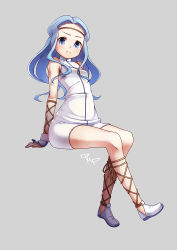 Rule 34 | 1girl, ankle lace-up, blue eyes, blue hair, breasts, cross-laced footwear, dump (davidtange2), ezekiel (junketsu no maria), frown, grey background, invisible chair, junketsu no maria, long hair, looking at viewer, matching hair/eyes, sitting, small breasts, solo