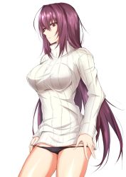 Rule 34 | 1girl, black panties, breasts, commentary request, cowboy shot, fate/grand order, fate (series), hair between eyes, hair intakes, highres, large breasts, long hair, long sleeves, looking at viewer, panties, panty pull, pulling own clothes, purple hair, red eyes, ribbed sweater, scathach (fate), sidelocks, simple background, solo, standing, sweater, thighs, turtleneck, turtleneck sweater, underwear, very long hair, watarase piro, white background, white sweater