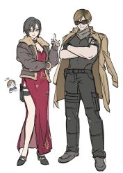 Rule 34 | 1boy, 1girl, ada wong, black footwear, black gloves, black hair, black shirt, breasts, brown coat, brown eyes, brown hair, brown jacket, china dress, chinese clothes, cleavage, coat, coat on shoulders, crossed arms, dress, fingerless gloves, full body, gloves, hair between eyes, highres, index finger raised, jacket, leon s. kennedy, long sleeves, looking at viewer, medium breasts, open clothes, pants, red dress, resident evil, resident evil 4, shirt, shoes, short hair, simple background, smile, smirk, standing, sunglasses, thigh strap, white background, wuliu heihuo