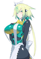Rule 34 | 1girl, apron, arms behind back, beads, black bodysuit, blush, bodysuit, bombergirl, bow, bowtie, braid, breasts, closed mouth, emera (bombergirl), gradient hair, green eyes, green hair, hair beads, hair ornament, hand on breast, harau, highres, huge breasts, long hair, mechanical tail, multicolored hair, sidelocks, simple background, solo, tail, waist apron, white apron, white background, yellow bow, yellow bowtie