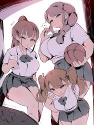 Rule 34 | 3girls, bent over, braid, braided ponytail, breasts, bullying, large breasts, multiple girls, ramoni, school uniform, skirt, smug, thighs, twintails