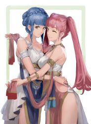 Rule 34 | 2girls, armlet, blue hair, braid, breasts, brown eyes, crown braid, dancer, dancer (fire emblem: three houses), dress, female focus, fire emblem, fire emblem: three houses, from side, had (had314), highres, hilda valentine goneril, large breasts, long hair, looking to the side, marianne von edmund, matching hair/eyes, multiple girls, nintendo, one eye closed, parted lips, pelvic curtain, pink eyes, pink hair, simple background, single-shoulder dress, twintails, wink, yuri