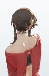 Rule 34 | 1girl, back, back focus, backless outfit, bare shoulders, black hair, from behind, hair bun, highres, long sleeves, nape, off-shoulder sweater, off shoulder, panni xing, red sweater, short hair with long locks, shoulder blades, simple background, single hair bun, sketch, solo, spine, spy x family, sweater, white background, yor briar