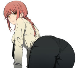 Rule 34 | 1girl, ass, ass focus, back, bad id, bad twitter id, bent over, black necktie, black pants, braid, braided ponytail, breasts, chainsaw man, eatora, formal, from behind, huge ass, long hair, looking at viewer, looking back, makima (chainsaw man), medium breasts, necktie, pants, pantylines, red hair, ringed eyes, shirt, solo, thighs, white shirt, yellow eyes