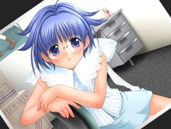 Rule 34 | 1girl, ahoge, arm grab, blue eyes, blue hair, blush, bow, buttons, chair, desk, dutch angle, embarrassed, flat chest, game cg, glasses, indoors, kana (penciller kana), lace, looking at viewer, matching hair/eyes, miniskirt, office chair, penciller kana, photo (object), sano toshihide, shirt, short hair, sitting, skirt, sleeveless, sleeveless shirt, solo, spiked hair, striped clothes, striped shirt, swivel chair