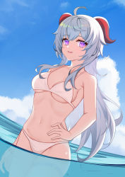 Rule 34 | 1girl, :d, absurdres, ahoge, bare arms, bare shoulders, bikini, blue hair, blue sky, breasts, cleavage, cloud, collarbone, commentary request, cowboy shot, day, ganyu (genshin impact), gengetsu aya, genshin impact, hand on own hip, highres, horns, long hair, looking at viewer, medium breasts, navel, open mouth, purple eyes, sky, smile, solo, standing, stomach, swimsuit, thigh strap, underboob, very long hair, wading, water, white bikini