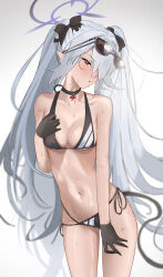 Rule 34 | 1girl, absurdres, bare shoulders, bikini, black bikini, black bow, black gloves, blue archive, blush, bow, breasts, collarbone, commentary request, contrapposto, cowboy shot, demon girl, demon tail, eyewear on head, gloves, grey hair, hair bow, hair over one eye, half gloves, halo, highres, iori (blue archive), iori (swimsuit) (blue archive), long hair, looking to the side, medium breasts, mochini, navel, ocean, official alternate costume, official alternate hairstyle, open mouth, outdoors, pointy ears, purple halo, red eyes, side-tie bikini bottom, simple background, solo, stomach, sunglasses, sweat, swimsuit, tail, thigh strap, twintails, very long hair, white background