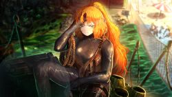 Rule 34 | 1girl, 2others, black wetsuit, blurry, blurry background, bodysuit, breasts, closed mouth, diving suit, freckles, game cg, highres, ishmael (project moon), limbus company, load bearing vest, long hair, looking at viewer, medium breasts, multiple others, nai ga, official art, orange hair, outdoors, ponytail, project moon, sitting, solo focus, three quarter view, very long hair, wetsuit, yellow eyes