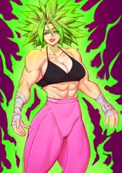 Rule 34 | 1girl, absurdres, breasts, cleavage, dragon ball, dragon ball super, drakkaiart, earrings, female focus, fusion, green eyes, green hair, hand wraps, highres, jewelry, kefla (dragon ball), large breasts, lipstick, makeup, matching hair/eyes, medium hair, muscular, muscular female, potara earrings, solo, spiked hair, thick thighs, thighs