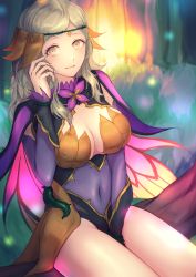 Rule 34 | 1girl, between legs, breasts, cleavage cutout, clothing cutout, covered navel, fire emblem, fire emblem fates, fire emblem heroes, grey eyes, groin, hand between legs, highres, jtaka, large breasts, long hair, looking at viewer, navel, nintendo, nipples, official alternate costume, ophelia (fire emblem), silver hair, skin tight, smile, solo, thighs