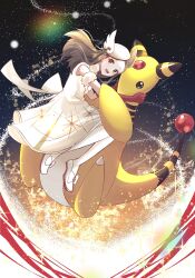 Rule 34 | 1girl, :d, absurdres, ampharos, brown hair, commentary request, creatures (company), dress, game freak, gen 2 pokemon, gloves, hair behind ear, hat, highres, jasmine (holiday 2022) (pokemon), jasmine (pokemon), long hair, looking at viewer, nintendo, official alternate costume, open mouth, pantyhose, pokemon, pokemon (creature), pokemon masters ex, red gloves, shoes, sidelocks, smile, ssn (sasa8u9r), white dress, white footwear, white headwear, white pantyhose