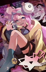 Rule 34 | 1girl, :d, black shorts, blush, boots, character hair ornament, commentary request, creatures (company), game freak, grey shirt, hair ornament, hand up, highres, iono (pokemon), jacket, long hair, looking at viewer, nintendo, open mouth, pokemon, pokemon sv, purple hair, shirt, shorts, single leg pantyhose, sitting, sleeveless, sleeveless shirt, smile, solo, teeth, thigh strap, tongue, umiru, upper teeth only, yellow jacket