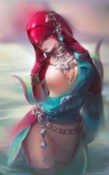 Rule 34 | 1girl, breasts, chowbie, colored skin, fins, fish girl, hair ornament, jewelry, long hair, mipha, monster girl, multicolored skin, nintendo, no eyebrows, one breast out, partially submerged, polearm, red hair, red skin, simple background, solo, spear, the legend of zelda, the legend of zelda: breath of the wild, trident, water, weapon, yellow eyes, zora