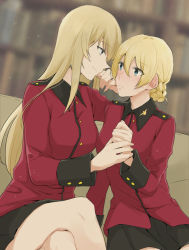 Rule 34 | 2girls, black skirt, blonde hair, blue eyes, blurry, blurry background, blush, braid, closed mouth, commentary, couch, crossed arms, darjeeling (girls und panzer), depth of field, dutch angle, earl grey (girls und panzer), frown, girls und panzer, hand to own mouth, holding hands, indoors, jacket, long hair, long sleeves, looking at another, military, military uniform, miniskirt, multiple girls, on couch, pleated skirt, red jacket, short hair, side-by-side, sitting, skirt, smile, st. gloriana&#039;s military uniform, uniform, yuri, yuuhi (arcadia)