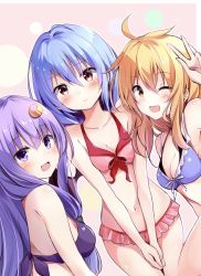 Rule 34 | 3girls, :d, ;d, ahoge, bare arms, bare shoulders, bikini, blonde hair, blue hair, blush, breasts, circle, collarbone, commentary request, cowboy shot, crescent, crescent hair ornament, front-tie bikini top, front-tie top, hair between eyes, hair ornament, hand up, highres, hyurasan, kirisame marisa, long hair, medium breasts, multiple girls, navel, no headwear, one eye closed, open mouth, patchouli knowledge, pink background, purple bikini, purple eyes, purple hair, red bikini, red eyes, remilia scarlet, short hair, small breasts, smile, stomach, swimsuit, thighs, touhou, v arms, w, yellow eyes