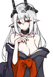 Rule 34 | 1girl, absurdres, alternate costume, arknights, black choker, black kimono, breasts, choker, cleavage, commentary request, hand up, highres, horns, japanese clothes, kimono, large breasts, long hair, looking at viewer, mudrock (arknights), off shoulder, partial commentary, pointy ears, red eyes, silver hair, simple background, solo, touko (toko12 tooko), upper body, white background
