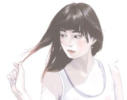 Rule 34 | 1girl, bare shoulders, black eyes, black hair, closed mouth, earrings, expressionless, female focus, jewelry, lips, long hair, looking to the side, pale color, shirt, simple background, sleeveless, solo, tank top, upper body, white background, white shirt, yukisita mayu