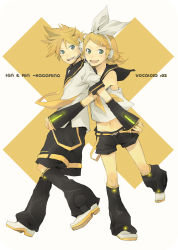 Rule 34 | 1boy, 1girl, brother and sister, character name, copyright name, full body, kagamine len, kagamine rin, neckerchief, neon trim, school uniform, serafuku, siblings, teeth, twins, upper teeth only, vocaloid, yellow neckerchief, yoshito