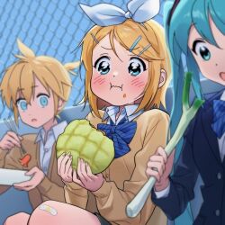 Rule 34 | 1boy, 2girls, ahoge, bandaid, bandaid on knee, bandaid on leg, bento, blazer, blonde hair, blue eyes, blue hair, blurry, blurry background, blurry foreground, blush, bow, bowtie, bread, cardigan, chewing, collared shirt, commentary, day, depth of field, eating, fence, food, food art, food on face, full mouth, hair bow, hair ornament, hairclip, hatsune miku, highres, holding, holding food, holding spring onion, holding vegetable, jacket, kagamine len, kagamine rin, long sleeves, melon bread, multiple girls, nyancul, open mouth, outdoors, ponytail, school uniform, shirt, short hair, sky, spring onion, striped bow, striped bowtie, striped clothes, tako-san wiener, vegetable, vocaloid