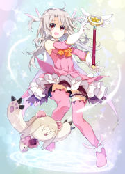 Rule 34 | 1girl, ahoge, bare shoulders, boots, commentary request, detached sleeves, dress, dual persona, fate/kaleid liner prisma illya, fate/stay night, fate (series), feather hair ornament, feathers, gloves, feather hair ornament, illyasviel von einzbern, kaleidostick, long hair, looking at viewer, magical girl, magical ruby, panties, pantyshot, pink dress, pink footwear, prisma illya, red eyes, saipaco, silver hair, smile, solo, stuffed toy, thigh boots, thighhighs, two side up, underwear, wand, white gloves, white panties