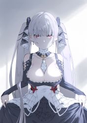 Rule 34 | 1girl, absurdres, azur lane, bare shoulders, between breasts, black dress, black nails, breasts, cleavage, clothing cutout, dress, earrings, formidable (azur lane), frilled dress, frills, grey background, grey hair, hair ribbon, hamtam 801198, highres, jewelry, large breasts, long hair, looking at viewer, nail polish, necktie, necktie between breasts, red eyes, ribbon, shoulder cutout, simple background, skirt hold, solo, twintails, two-tone dress, two-tone ribbon, very long hair