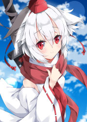 Rule 34 | 1girl, animal ears, bare shoulders, blue sky, blurry, blurry background, blush, closed mouth, cloud, cloudy sky, commentary request, day, depth of field, detached sleeves, hat, inubashiri momiji, long sleeves, looking at viewer, milkpanda, outdoors, red eyes, red hat, red scarf, ribbon-trimmed sleeves, ribbon trim, scarf, shirt, short hair, sidelocks, silver hair, sky, sleeveless, sleeveless shirt, smile, solo, sword, tokin hat, touhou, turtleneck, weapon, weapon on back, white shirt, wide sleeves, wolf ears