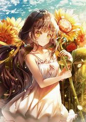 Rule 34 | 1girl, blunt bangs, blush, brown hair, closed mouth, collar, commentary request, dress, flower, frilled dress, frills, hair ribbon, holding, holding flower, lium, long hair, looking at viewer, low twintails, orange ribbon, original, ribbon, sleeveless, sleeveless dress, smile, solo, sundress, sunflower, sunlight, tareme, twintails, very long hair, white dress, yellow eyes