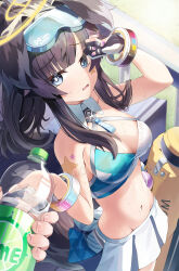 Rule 34 | 1girl, 1other, absurdres, animal ears, arm up, bangle, bare shoulders, black hair, blue archive, blue eyes, blush, bottle, bracelet, breasts, cheerleader, dog ears, dog girl, dog tail, eyewear on head, halo, hibiki (blue archive), hibiki (cheer squad) (blue archive), highres, jewelry, kinyouny, long hair, looking at viewer, medium breasts, midriff, millennium cheerleader outfit (blue archive), official alternate costume, skirt, smile, star sticker, sticker on arm, sticker on face, stomach, sunglasses, sweat, tail, text print, very long hair, water bottle, white skirt, yellow halo
