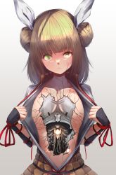 Rule 34 | 1girl, android, armor, armored dress, blonde hair, closed mouth, cracked skin, double bun, gradient background, hair bun, hair ribbon, head tilt, heterochromia, highres, joutouguu mayumi, looking at viewer, mechanical parts, open clothes, red eyes, ribbon, short hair, solo, teruteru12, touhou, vambraces, white background, white ribbon, yellow eyes