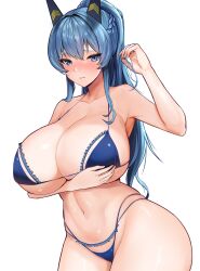 Rule 34 | 1girl, arm under breasts, bikini, blue bikini, blue eyes, blue hair, blush, braid, breasts, goddess of victory: nikke, hair intakes, headgear, helm (aqua marine) (nikke), helm (nikke), highres, huge breasts, long hair, looking at viewer, navel, official alternate costume, ponytail, sayashi (type5 labyrith), simple background, solo, swimsuit, white background