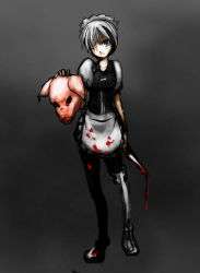 Rule 34 | amputee, apron, big-d, bikko, black legwear, blood, blood on clothes, blood on hands, blood splatter, blood stain, bloody knife, bloody weapon, blue eyes, borrowed character, closed mouth, dress, full body, grey background, holding, holding knife, holding weapon, knife, looking at viewer, maid, maid apron, maid headdress, multicolored hair, one-eyed, pig, pig mask, prosthesis, prosthetic leg, puffy sleeves, scar, scar across eye, scar on face, shoes, simple background, solo, standing, two-tone hair, weapon