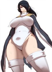Rule 34 | 10s, 1girl, agovitch, bad id, bad pixiv id, black hair, breasts, brown eyes, cameltoe, cleft of venus, closed mouth, covered erect nipples, curvy, emperor penguin (kemono friends), from below, hair over one eye, headphones, hood, hoodie, kemono friends, large breasts, leotard, long hair, multicolored hair, open clothes, open hoodie, simple background, smile, solo, streaked hair, thick thighs, thighhighs, thighs, turtleneck, white background, white leotard, white thighhighs, wide hips