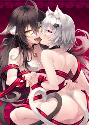 Rule 34 | 2girls, absurdres, ahoge, animal ear fluff, animal ears, ass, bell, biting, black collar, black hair, blush, bound, breasts, cat ears, cat girl, cat tail, checkered background, chocolate, cleavage, collar, collarbone, hair between eyes, hair ornament, hasumi (hasubatake39), heart tail duo, highres, holding hands, kuon (hasumi (hasubatake39)), long hair, looking at viewer, medium breasts, multiple girls, naked ribbon, nude, original, purple eyes, red background, red ribbon, ribbon, ribbon bondage, setsuna (hasumi (hasubatake39)), short hair, silver hair, tail, valentine, yellow eyes, yuri