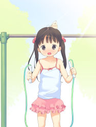 Rule 34 | 1girl, :d, anyannko, bad id, bad pixiv id, black hair, brown eyes, bug, butterfly, butterfly on head, child, hair bobbles, hair ornament, highres, horizontal bar, insect, jump rope, long hair, open mouth, original, skirt, smile, solo, twintails