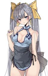 Rule 34 | 1girl, apron, bare shoulders, black apron, black panties, blue dress, blue eyes, blush, bow, breasts, chigasaki yukari, cleavage, commentary request, dress, grey hair, hair bow, highres, long hair, looking at viewer, medium breasts, nail polish, original, panties, parted lips, pelvic curtain, purple nails, short dress, side-tie panties, simple background, solo, twintails, underwear, very long hair, waist apron, white background, yellow bow