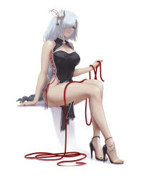 Rule 34 | ass, bare arms, bare legs, bare shoulders, black nails, braid, breasts, chinese clothes, chinese knot, dress, feet, genshin impact, hair ornament, hair over one eye, high heels, highres, holding, ker0nit0, large breasts, long hair, looking at viewer, low-braided long hair, low-tied long hair, nail polish, no bra, no panties, one eye covered, shenhe (genshin impact), simple background, sitting, sleeveless, smile, solo, string, string of fate, thighs, toes, white background, white hair