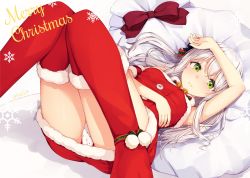 Rule 34 | 1girl, arm across waist, arm up, blush, boots, breasts, buttons, dress, embarrassed, fur-trimmed dress, fur-trimmed footwear, fur trim, green eyes, hair ornament, highres, knees together feet apart, long hair, looking at viewer, lying, merry christmas, mitoko (tsuchikure), on back, original, panties, parted lips, polka dot, polka dot panties, red dress, sack, sidelocks, signature, silver hair, sleeveless, sleeveless dress, small breasts, snowflakes, solo, tareme, thigh boots, thighhighs, thighs, tsuchikure, underwear