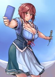 Rule 34 | 1girl, apron, bare shoulders, blouse, blue background, blue shirt, blush, bodice, breasts, brown eyes, brown hair, camera phone, cellphone, cleavage, contrapposto, dirndl, dress, foreshortening, frills, german clothes, green skirt, holding, holding microphone, holding phone, large breasts, microphone, name tag, outstretched arms, phone, rozen maiden, selfie, shirt, short hair, short sleeves, simple background, skirt, smile, solo, souseiseki, spread arms, standing, taking picture, tsuda nanafushi, underbust, waist apron